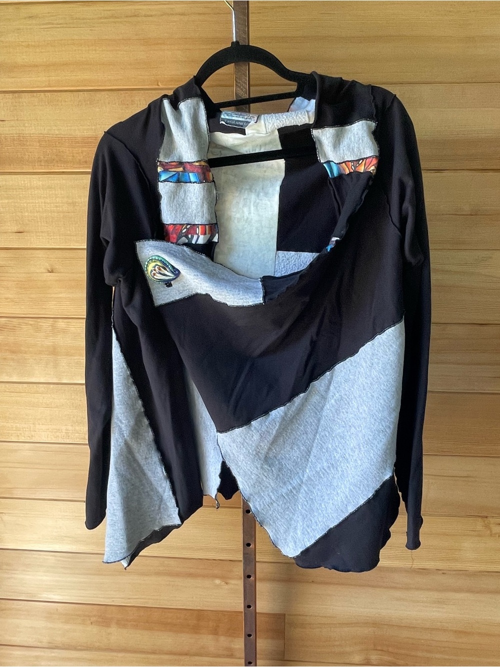 Artisan Made Boho Patchwork Open Front Jacket - Black & Gray with Original Art